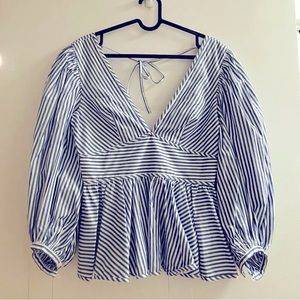 Staud Luna Top (blue stripes puff sleeve top)